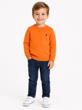 Polo Ralph Lauren Boys Orange Cotton Crewneck Sweater 4T Navy Pony Logo